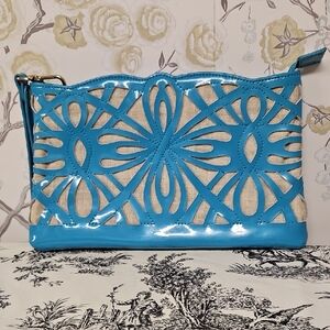 SONDRA ROBERTS Blue Cutout Patent Wristlet Clutch